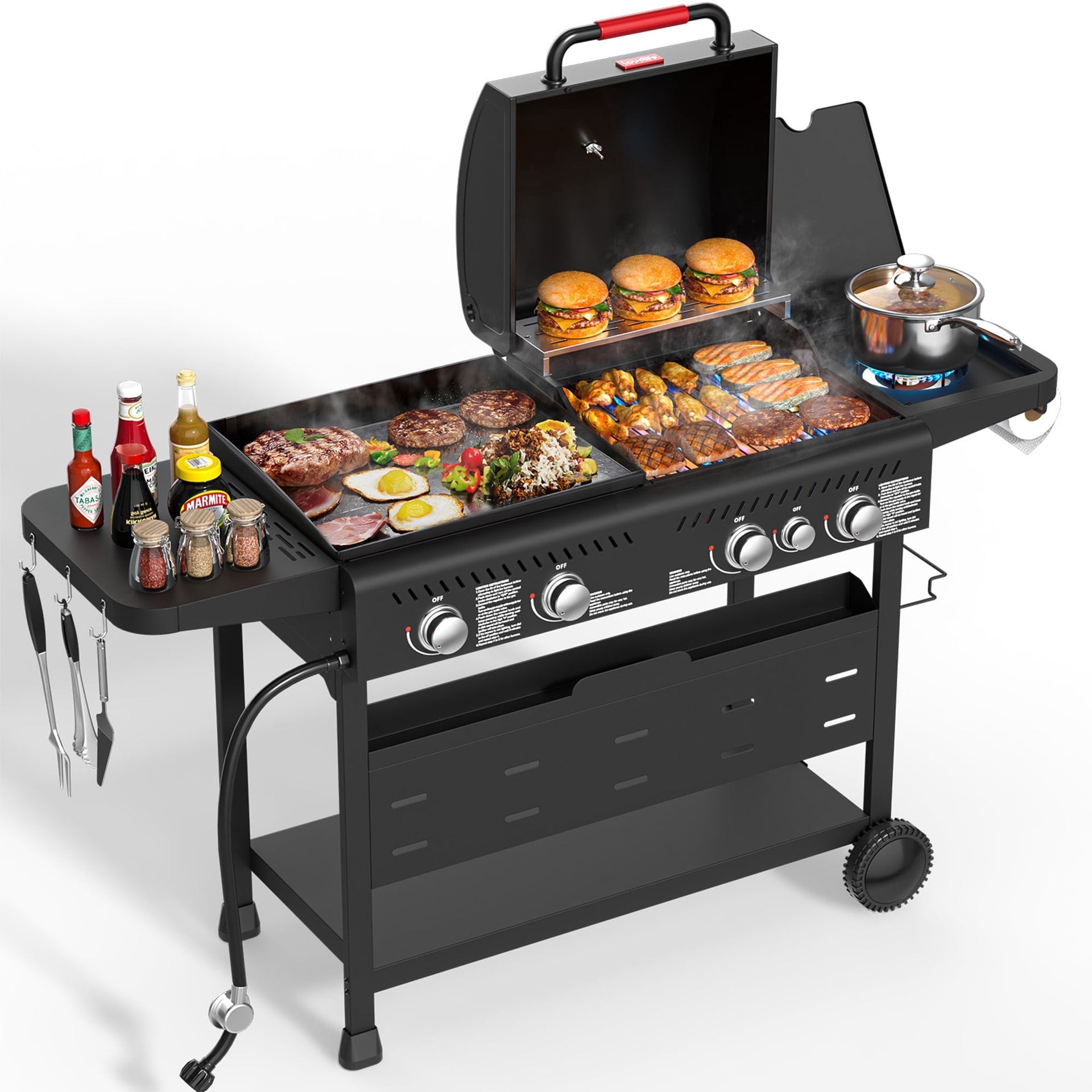 50,000 BTU Grill and Griddle Combo, 702 SQ.IN Cooking Space, Non-Stick Porcelain Enamel Grates, for Backyard BBQ, Outdoor Cooking