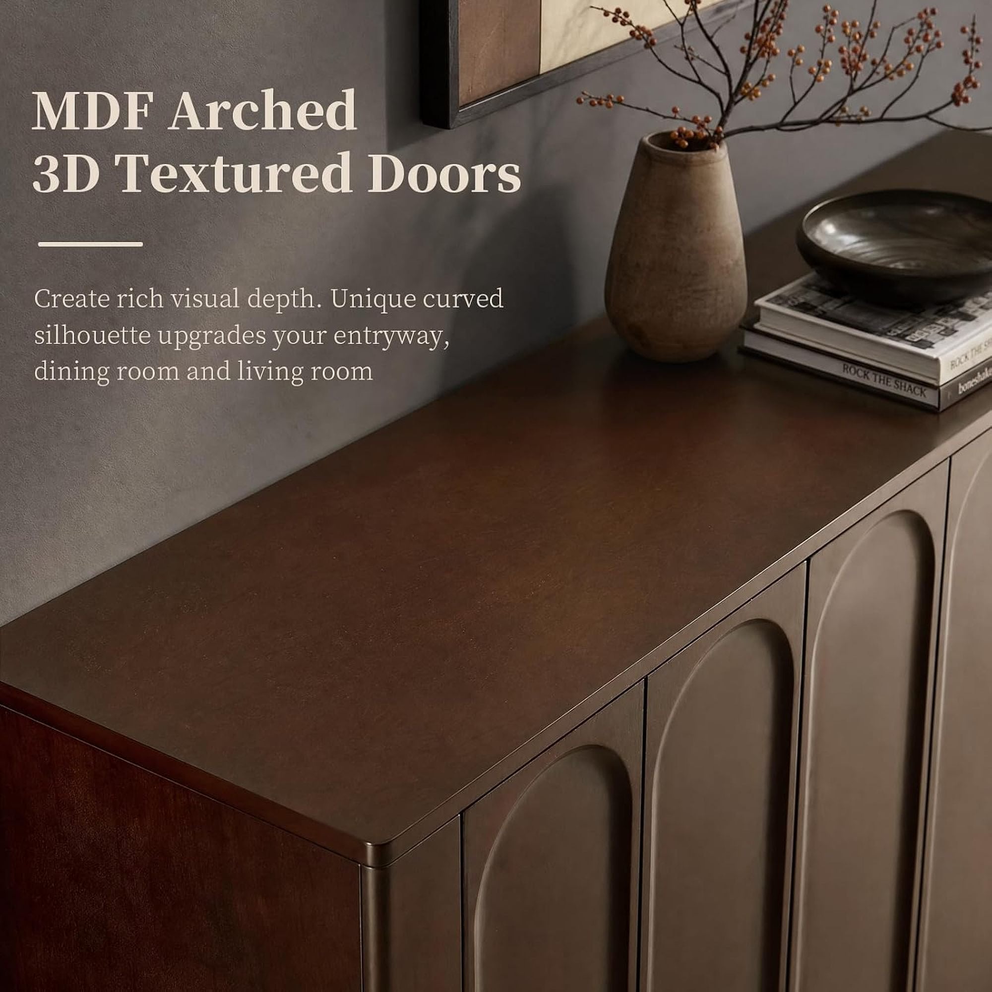 60" Dark Walnut Sideboard Cabinet with 3D Arched Doors, Adjustable Shelves, Modern TV Stand & Storage Console for Living Room, Dining Room