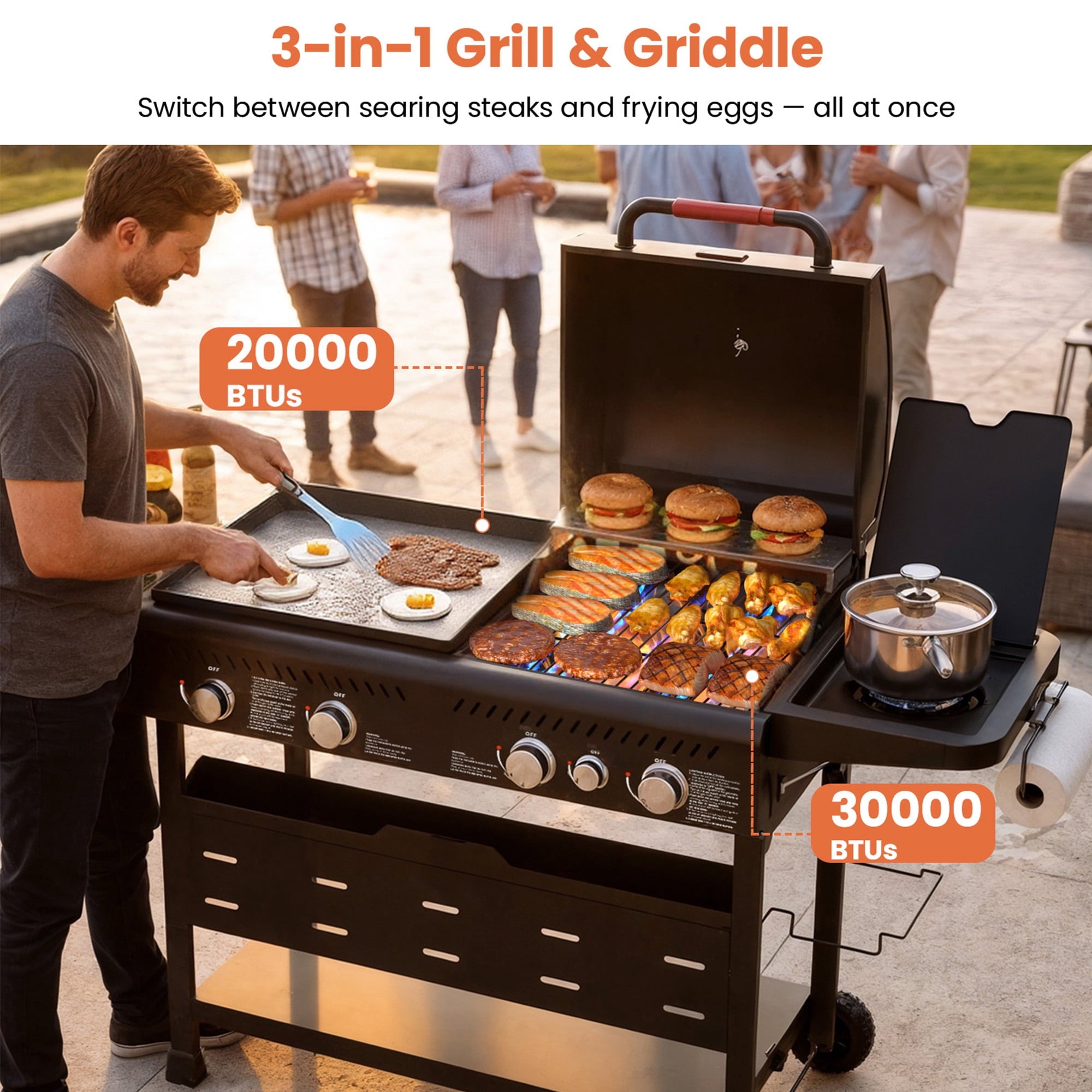 50,000 BTU Grill and Griddle Combo, 702 SQ.IN Cooking Space, Non-Stick Porcelain Enamel Grates, for Backyard BBQ, Outdoor Cooking
