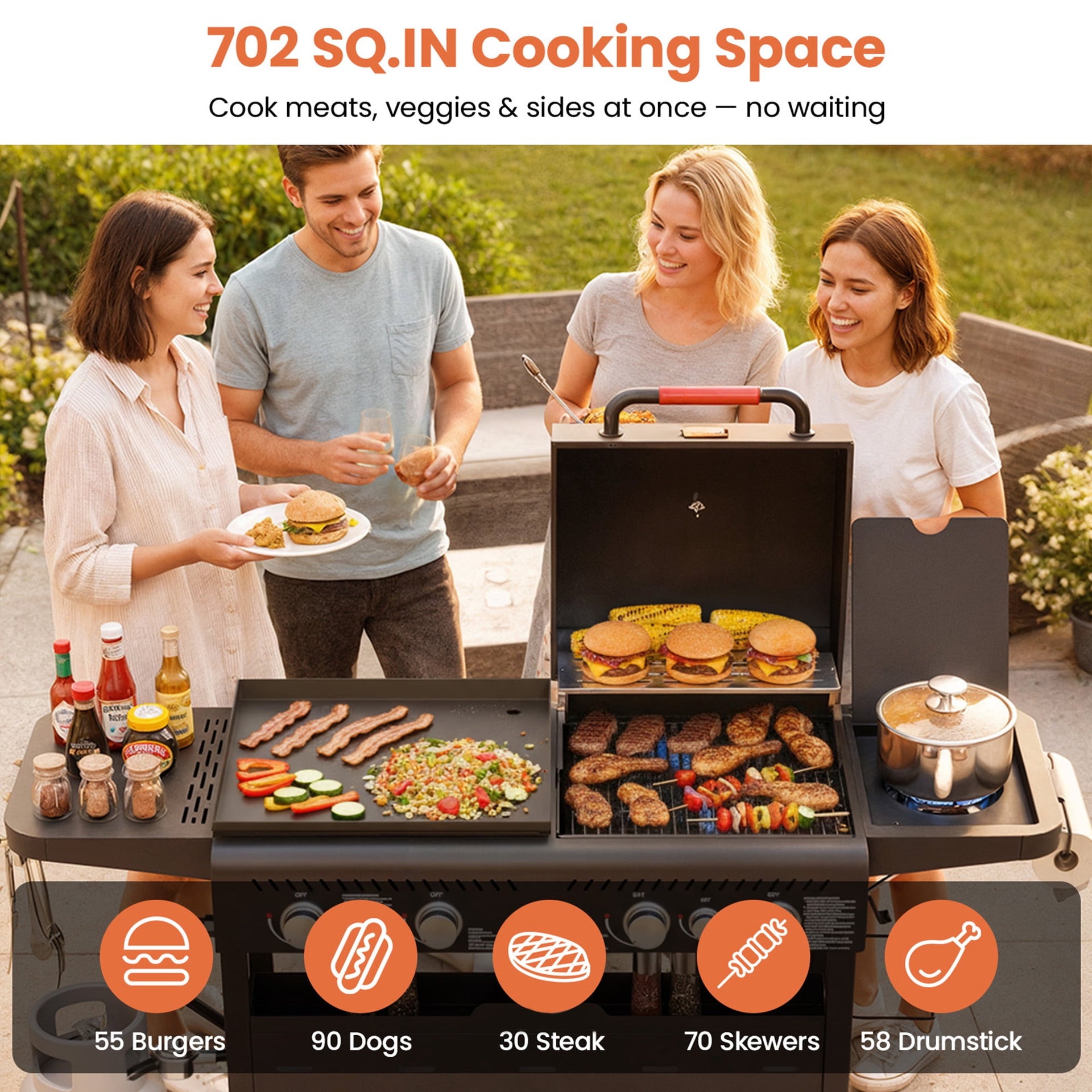 50,000 BTU Grill and Griddle Combo, 702 SQ.IN Cooking Space, Non-Stick Porcelain Enamel Grates, for Backyard BBQ, Outdoor Cooking