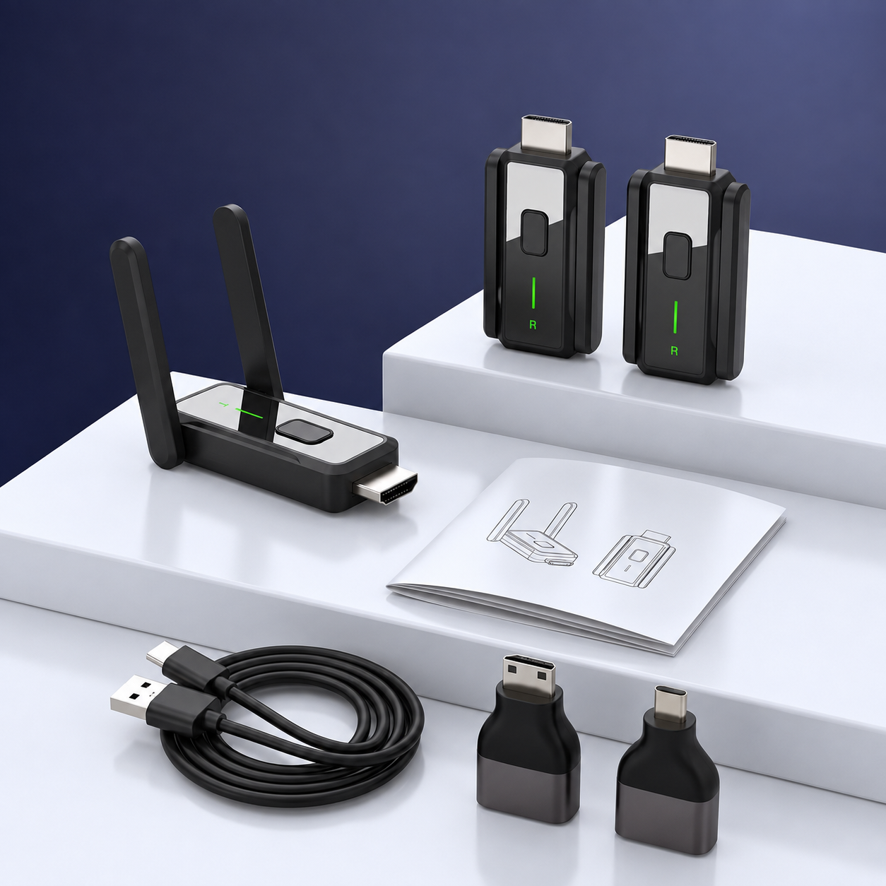 Wireless HDMI Transmitter and Receiver with 2 Receivers, 394FT Long Range Wireless HDMI System, Dual Band 2.4GHz/5GHz, Plug and Play, Multi Screen Display for Projector, TV, Laptop, PC, Camera