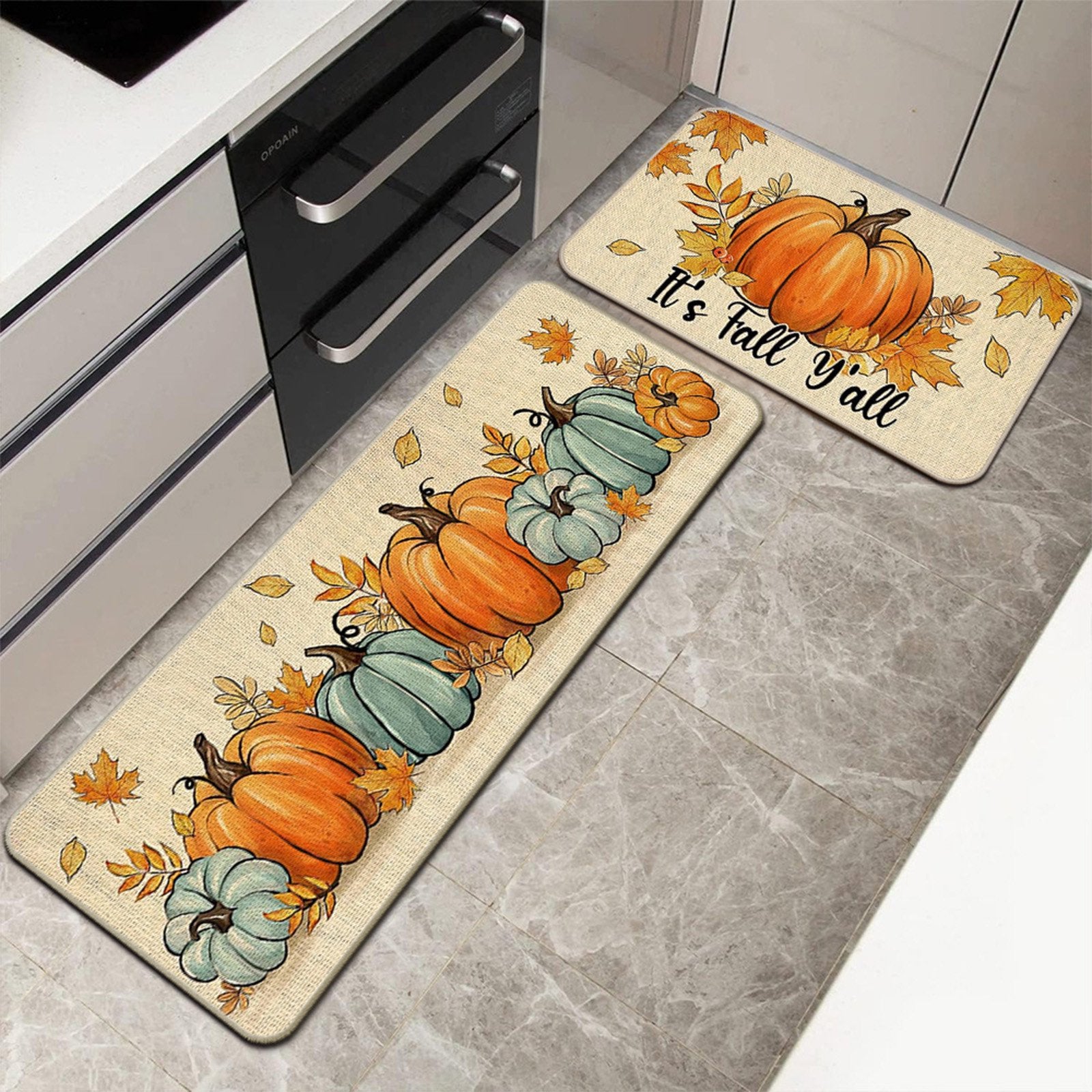 Hello Pumpkin Thankful Fall Kitchen Mats Set of 2,Thanksgiving Decorative Kitchen Rugs Seasonal Autumn Home Decor Low-Profile Kitchen Rugs for Floor - 15.7x23.6 and 15x47 Inch